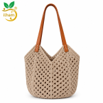 ilham Handmade Open-Weave Crochet Tote Bag – Tan Leather Edition